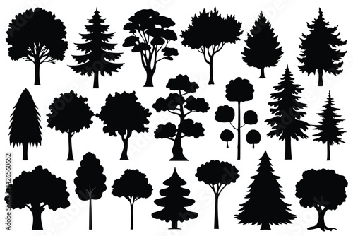 Vector silhouette of tree on white background.