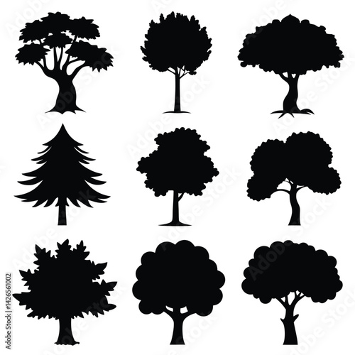 Vector silhouette of tree on white background.