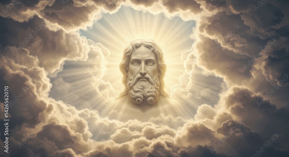 A divine figure in flowing robes appears through radiant light and dramatic clouds, evoking a powerful sense of awe, serenity, and spiritual presence A divine figure in flowing robes appears through radiant light and dramatic clouds, evoking a powerful sense of awe, serenity, and spiritual presence