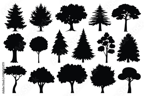 Vector silhouette of tree on white background. Tree silhouette vector. Isolated forest trees.