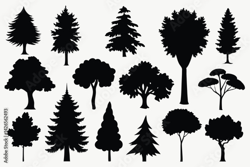 Vector silhouette of tree on white background.