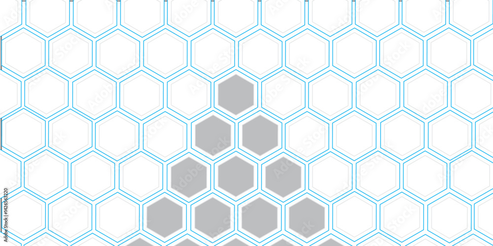 Fototapeta premium Seamless geometric pattern with blue triangles and flowers in a hexagonal honeycomb design