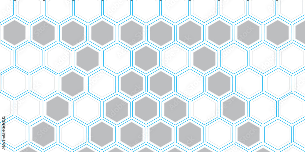 Fototapeta premium Seamless geometric pattern with blue flowers and honeycomb design