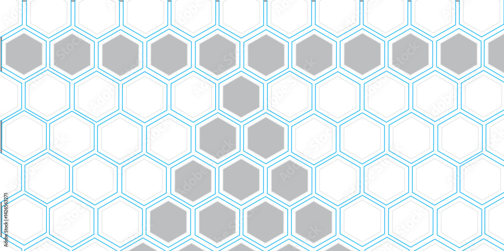 Seamless geometric pattern with blue triangles and flowers in a hexagonal honeycomb design Seamless geometric pattern with blue triangles and flowers in a hexagonal honeycomb design