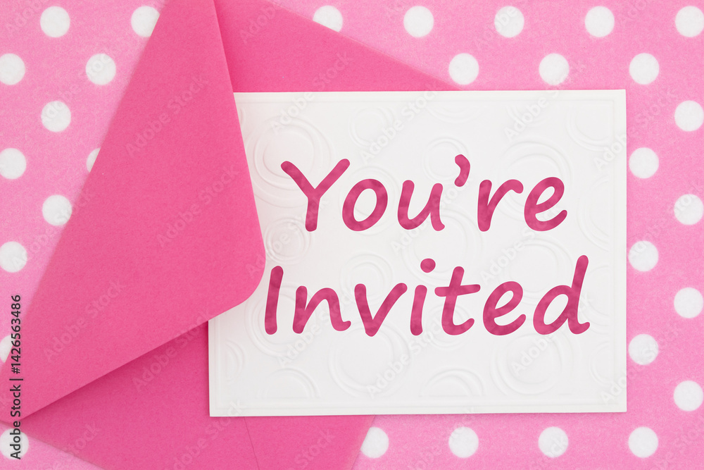 You are invited card on pink polka dots material