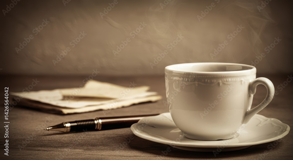 Steaming cup of coffee with pen and paper on wooden table Steaming cup of coffee with pen and paper on wooden table