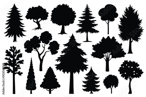 Vector silhouette of tree on white background. Tree silhouette vector. Isolated forest trees.