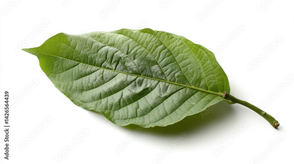 Obraz premium Single vibrant green leaf isolated on white background. Nature, botany, and plant life.