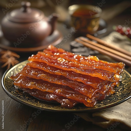 Wallpaper Mural Close-up of appetizing Bakkwa slices served with tea and chopsticks Torontodigital.ca