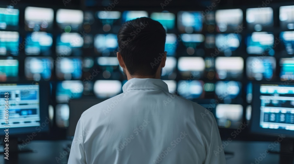 Engaged man observing multiple television screens displaying information in a control room or monitoring environment Engaged man observing multiple television screens displaying information in a control room or monitoring environment