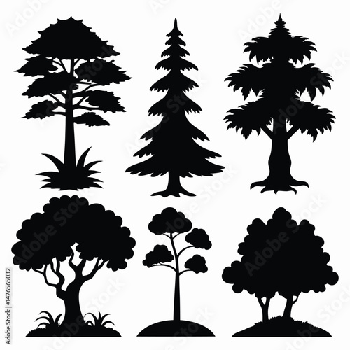 Vector silhouette of tree on white background.