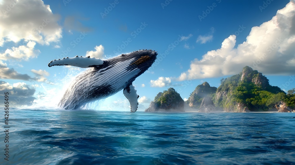 Fototapeta premium Humpback whale jumping in tropical ocean