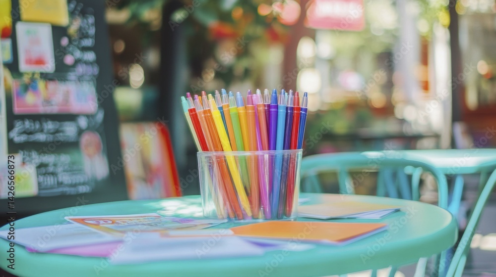Gel pens and postcards on a table at an outdoor cafe, stationery supply collection with vibrant colors and light Gel pens and postcards on a table at an outdoor cafe, stationery supply collection with vibrant colors and light