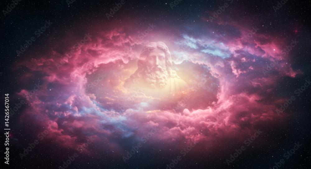 Obraz premium A divine figure emerges from vibrant purple clouds and stars, glowing with cosmic light and spiritual energy in a surreal, celestial atmosphere.