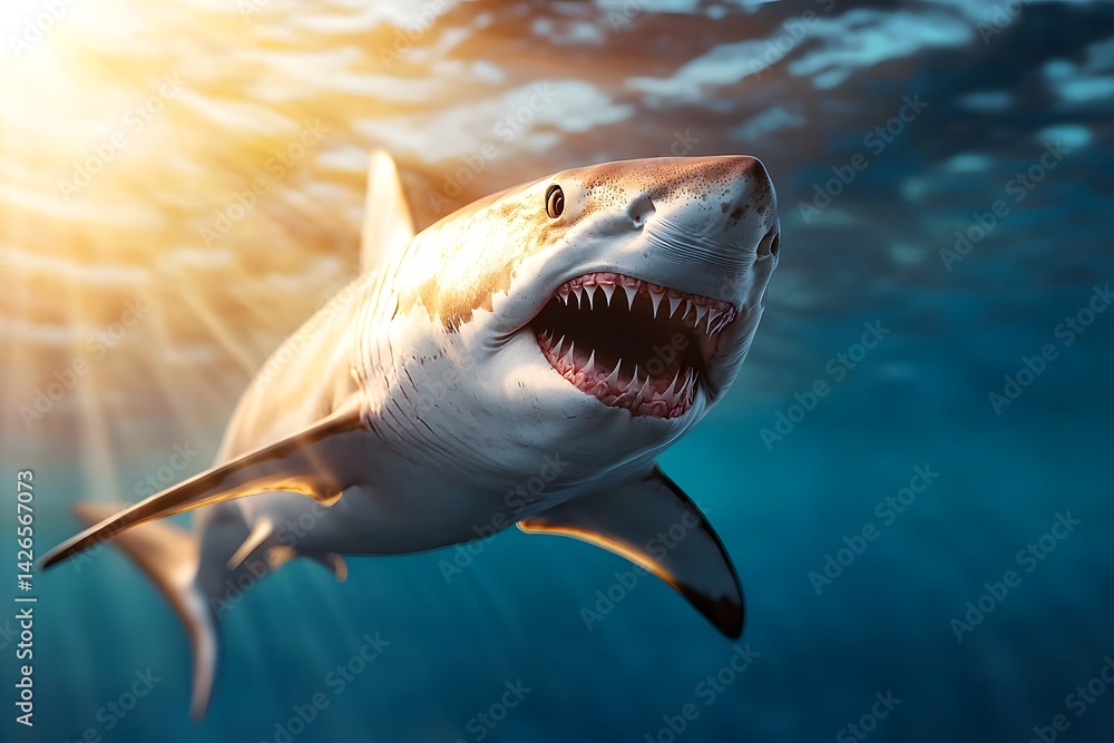 Naklejka premium Powerful shark emerging from the ocean depths