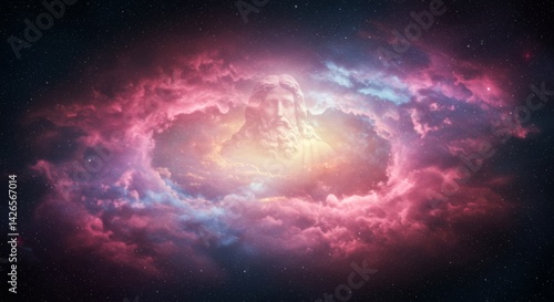 A divine figure emerges from vibrant purple clouds and stars, glowing with cosmic light and spiritual energy in a surreal, celestial atmosphere.
