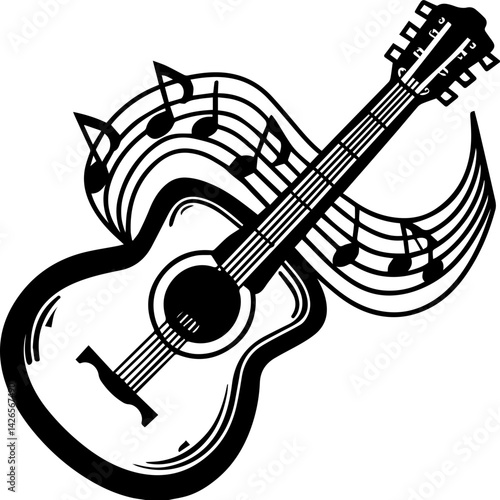 
Classic acoustic guitar illustration, SVG vector with clean lines, music-themed.  Artistic Acoustic Guitar With Floating Musical Notes Design