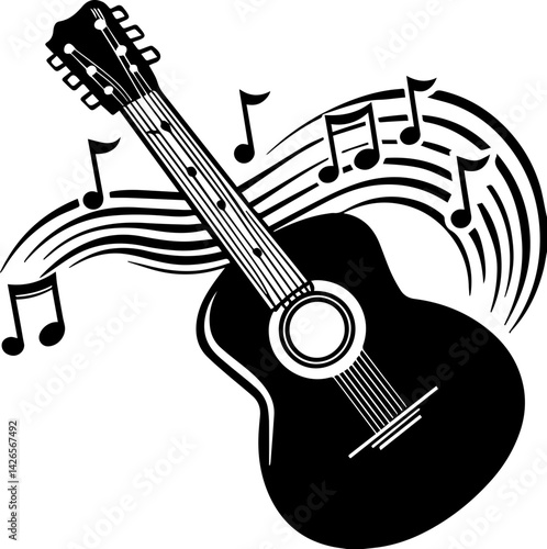
Classic acoustic guitar illustration, SVG vector with clean lines, music-themed. Black Acoustic Guitar with Musical Notes in Motion Design
