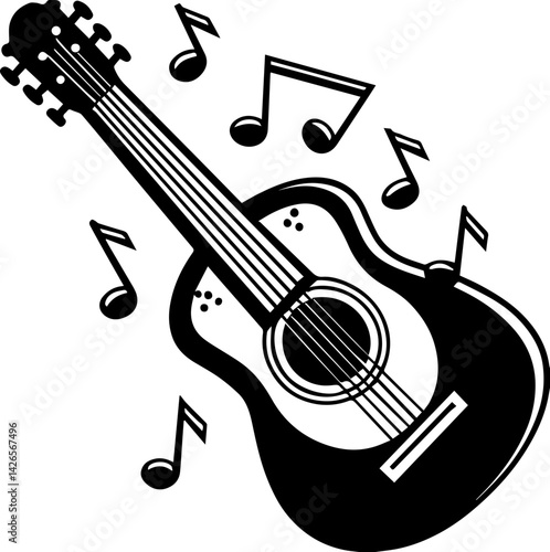 
Classic acoustic guitar illustration, SVG vector with clean lines, music-themed. Acoustic guitar with music notes in creative black and white