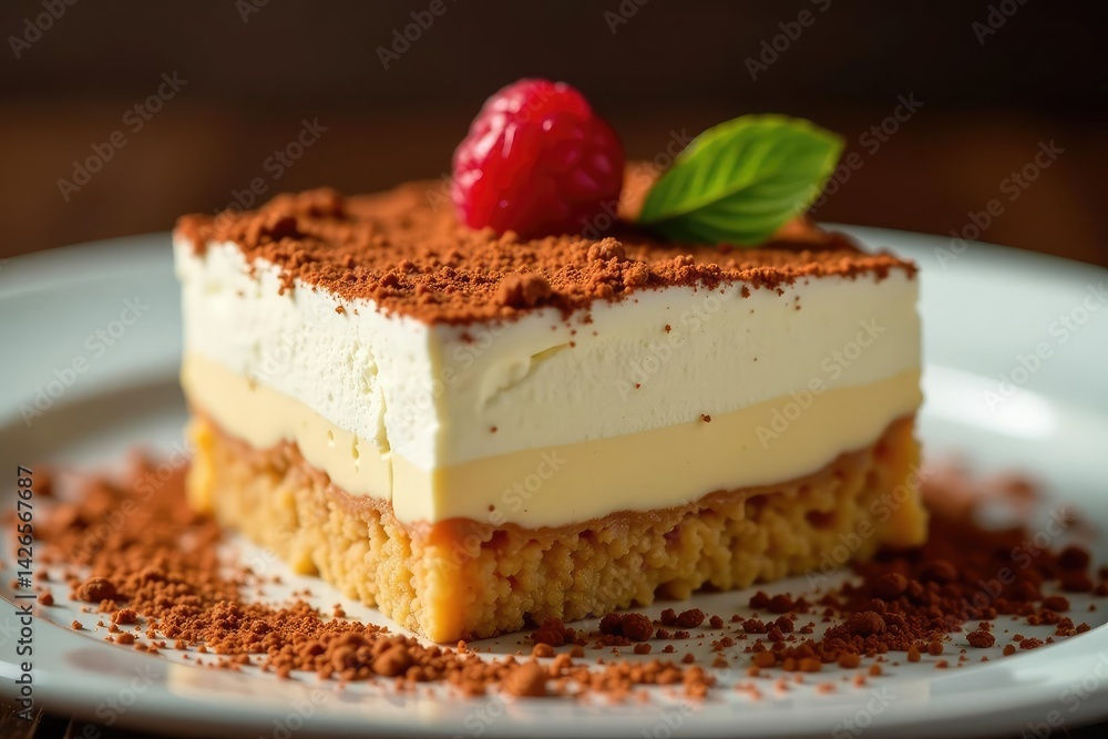 Classic tiramisu dessert, close-up view, dusted cocoa , isolated, ingredient Classic tiramisu dessert, close-up view, dusted cocoa , isolated, ingredient