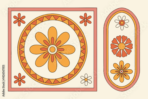 94 Retro floral frames, 1970s style, geometric shapes, square circle arch, orange yellow pink, flower power, groovy design, vintage illustration, bold outlines, symmetrical composition, playful border