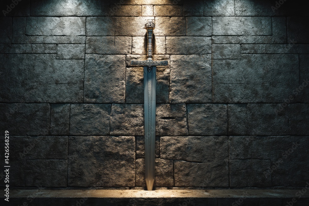 Majestic sword displayed on a stone wall.