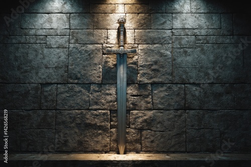 Obraz na płótnie Majestic sword displayed on a stone wall. w salonie