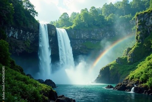 Fototapeta Naklejka Na Ścianę i Meble -  Majestic waterfall in a lush green forest with mist and rainbows, water, anime, waterfall