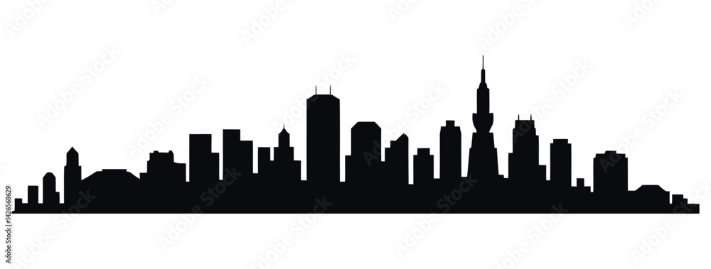 Naklejka premium Cityscape Silhouette Vector Of Urban Skyline With Skyscrapers And Buildings Depicting Metropolitan Architecture And Modern Urban Design On White Background