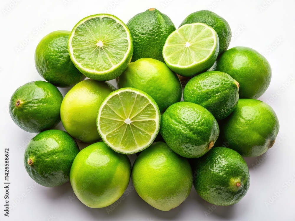 Aerial View Ripe Juicy Limes Aromatic Citrus Fruit Photography White Background Stock Image Aerial View Ripe Juicy Limes Aromatic Citrus Fruit Photography White Background Stock Image