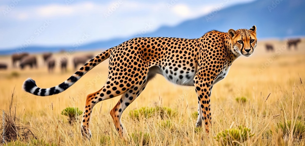 Obraz premium Majestic Namibian cheetah poised for hunt in savannah grassland, nature photography, Namibian wildlife
