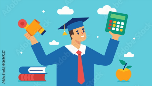 A man holding a diploma in one hand and a calculator in the other contemplating the pros and cons of refinancing his student loans.. Vector illustration