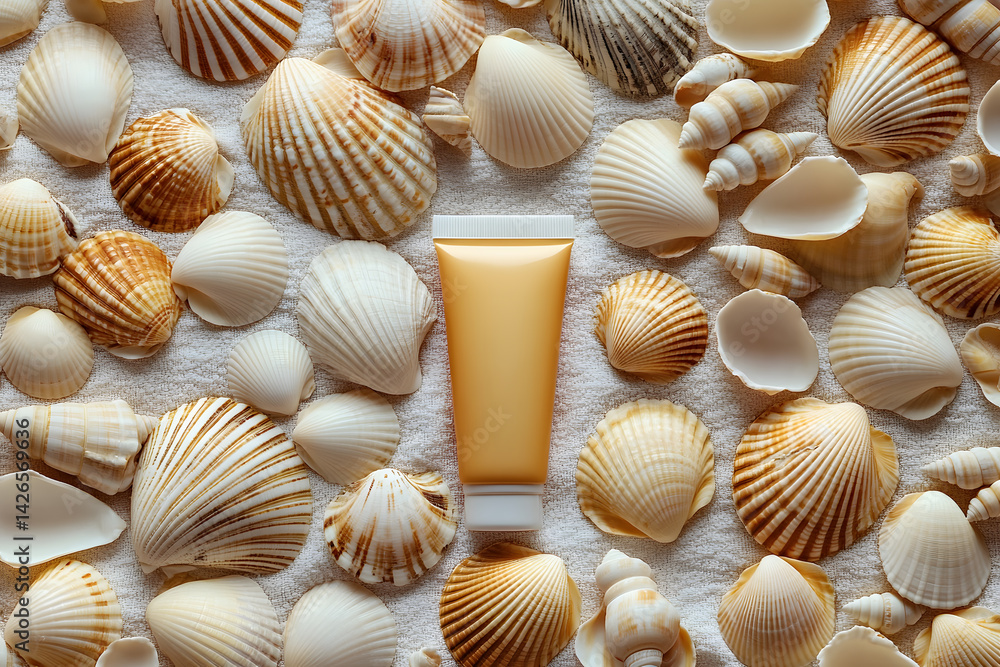 Beach-themed arrangement featuring a cream tube placed among assorted seashells on light fabric Beach-themed arrangement featuring a cream tube placed among assorted seashells on light fabric