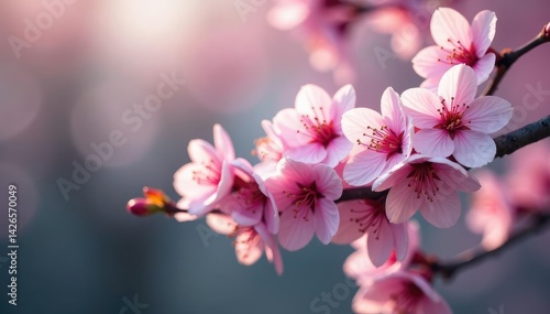 Delicate pink cherry blossoms, intricate branch pattern, print, delicate
