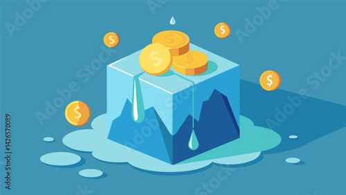 A melting ice cube with coins inside symbolizes the relief of financial burden and saving of money through consolidation.. Vector illustration