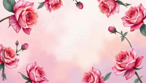 Delicate watercolor roses repeat across a soft, blush background , romantic, nature, leaves