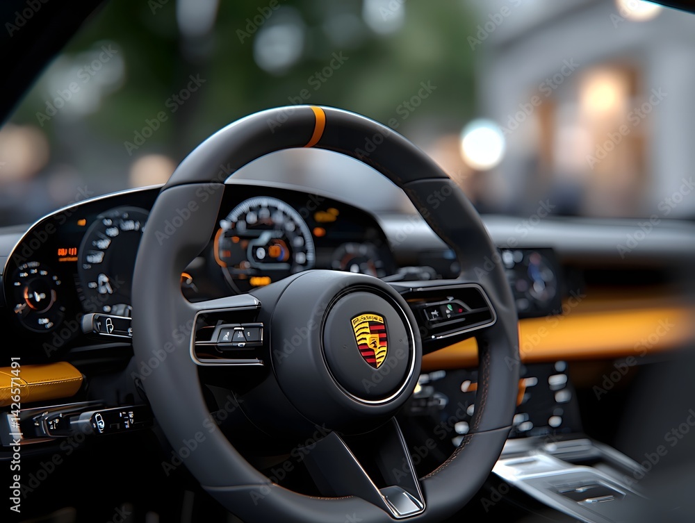 High performance sports car interior with steering wheel and dashboard