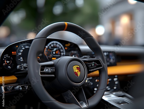 Obraz na płótnie High performance sports car interior with steering wheel and dashboard w salonie