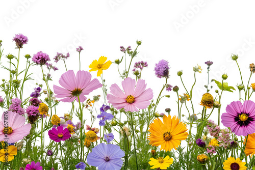 A scattering of colorful summer flower framing isolated on white background