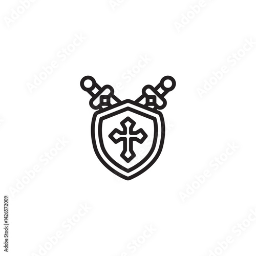 A line art illustration of a shield with a cross and two swords crossed behind it, potentially representing the Knights Templar.