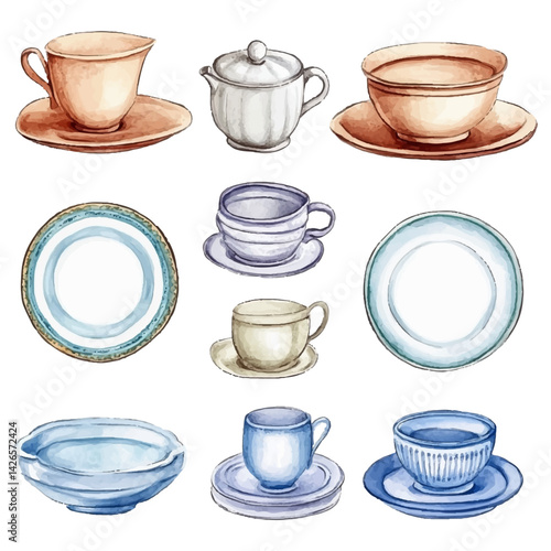 Ceramic and porcelain tableware set, including mugs, cups, bowls, plates, milk jug, creamer, vector clipart-style. Variety of kitchen utensils and serving items such as a tea set, salad bowl, etc.