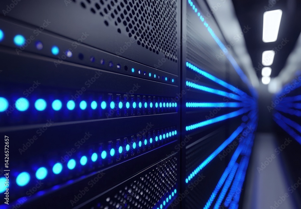Close-up of glowing blue server lights in a data center corridor, highlighting precision and performance. Perfect for tech infrastructure, cybersecurity, or cloud storage concepts Close-up of glowing blue server lights in a data center corridor, highlighting precision and performance. Perfect for tech infrastructure, cybersecurity, or cloud storage concepts