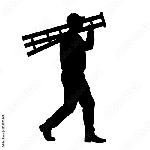 Silhouette of a worker carrying a ladder in motion  