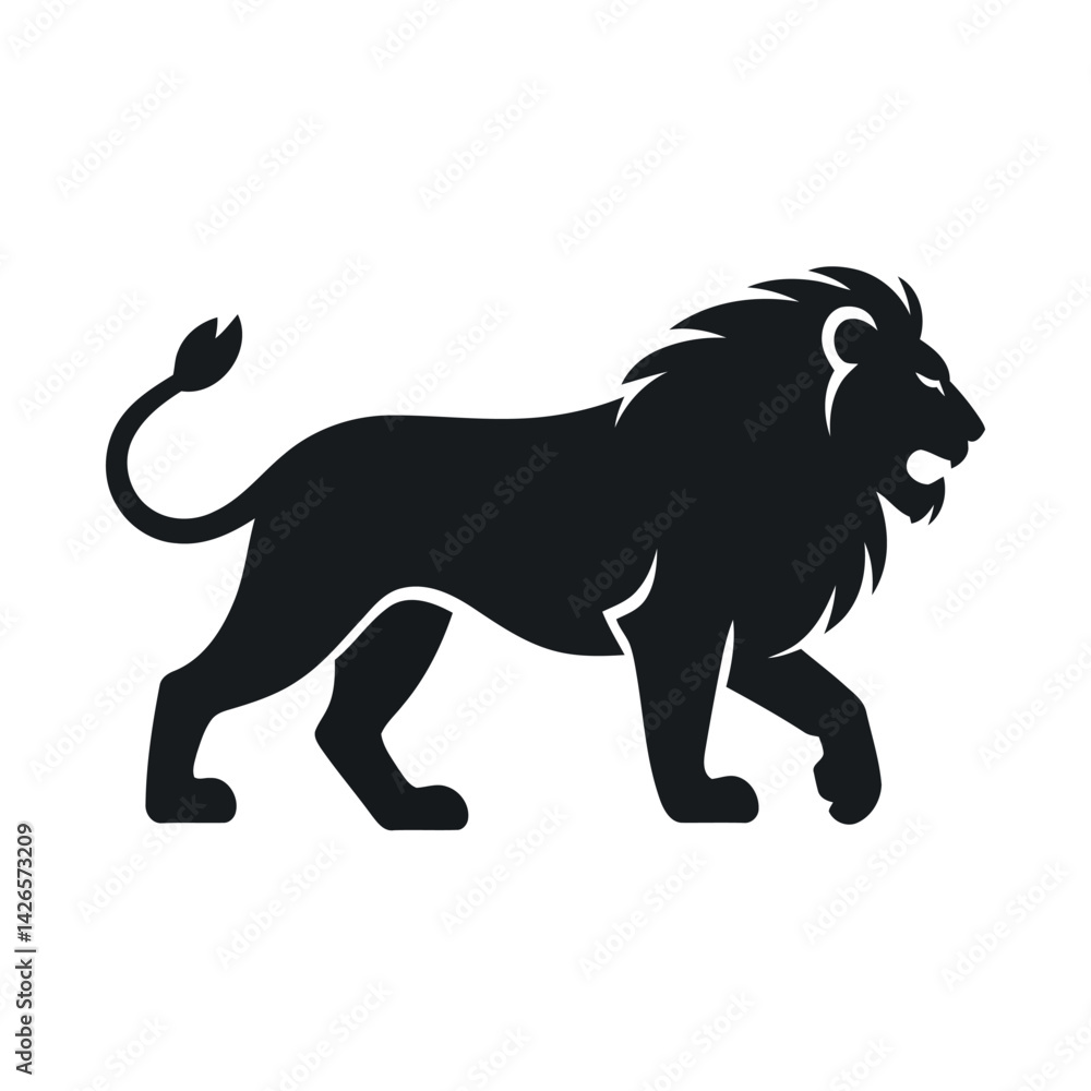 Obraz premium Majestic Lion Silhouette Walking Symbol Of Strength Power And Authority Minimalist Vector Illustration Isolated On White Background