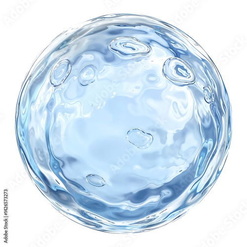 Spherical formation of transparent blue water with bubble texture against transparent background, displaying liquid surface tension in perfect round shape with light reflections