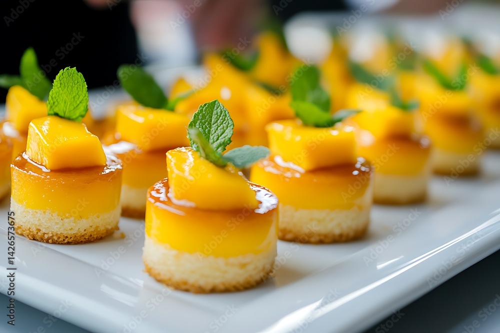 Mini mango cakes individually plated with mango topping and mint, arranged neatly on a dessert buffet Mini mango cakes individually plated with mango topping and mint, arranged neatly on a dessert buffet