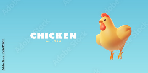 Flying chicken on a blue sky background, 3D. For farming, poultry, and ranch concepts. Domestic bird. Vector illustration.
