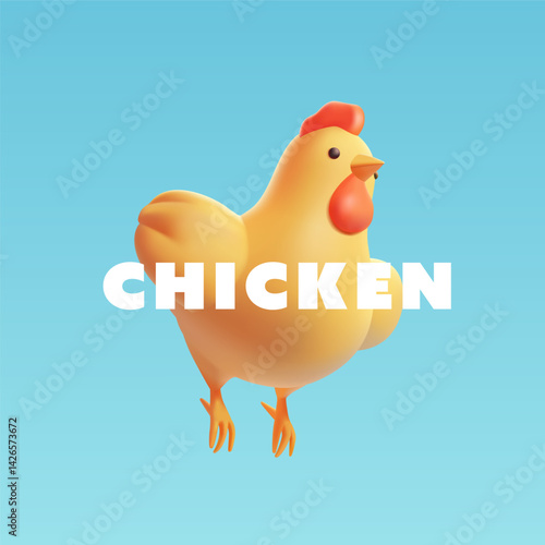 3D chicken spreads its wings in the air on a blue background. Vector illustration.