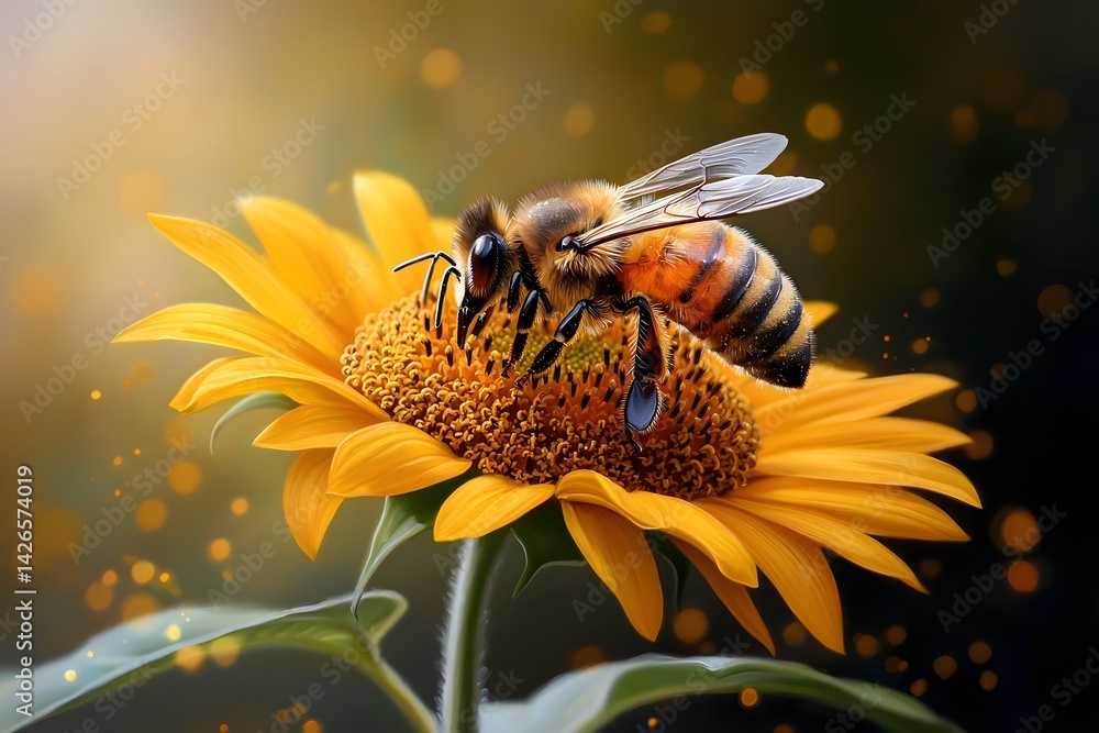 Naklejka premium Bee pollinating a vibrant sunflower