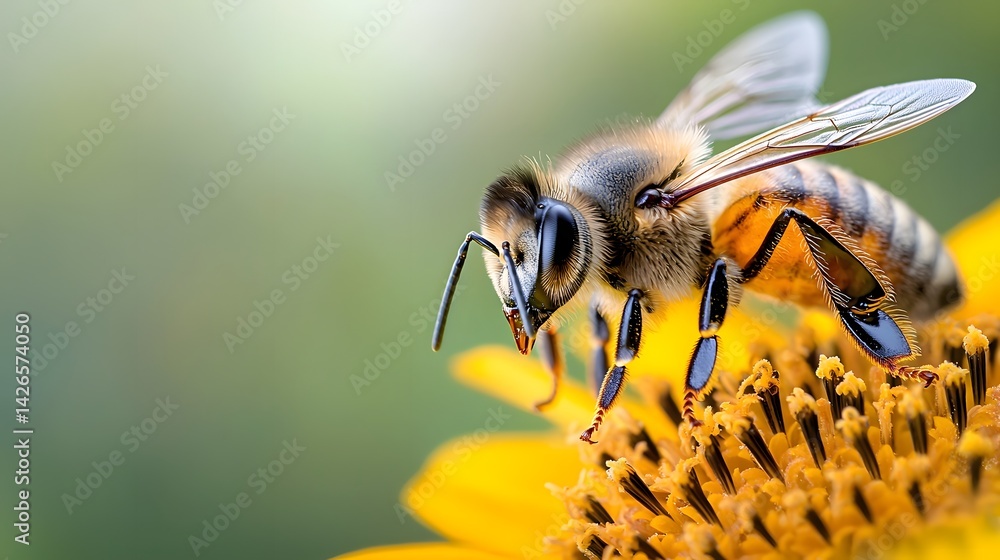 Closeup of a bee pollinating a yellow flower Closeup of a bee pollinating a yellow flower
